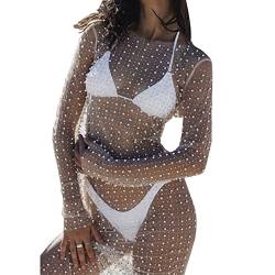 Honganda Sexy Damen Sheer Mesh Perle Strass Cover Up Kleid Strand Bademode Bikini Badeanzug Coverups, Weiss/opulenter Garten, Klein von Honganda