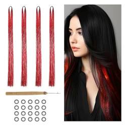 800 Glitzer Haarsträhnen Lametta für Haare 120 cm Tinsel Hair Extensions Glitter Glitzersträhnen Haarverlängerung Fairy Haarlametta Haarextension Kit (Echtes Rot) von Hongma