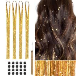 800 Glitzer Haarsträhnen Lametta für Haare 120 cm Tinsel Hair Extensions Glitter Glitzersträhnen Haarverlängerung Fairy Haarlametta Haarextension Kit (Golden) von Hongma