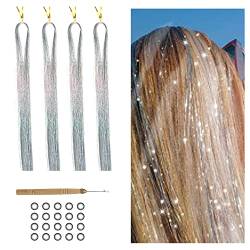 800 Glitzer Haarsträhnen Lametta für Haare 120 cm Tinsel Hair Extensions Glitter Glitzersträhnen Haarverlängerung Fairy Haarlametta Haarextension Kit (Silber) von Hongma