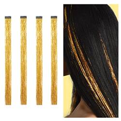 Glitzer Haarsträhnen zum Einklipsen Lametta für Haare 48 cm Tinsel Hair Clip Extensions Glitter Glitzersträhnen Haarverlängerung Haarlametta Haarextension (Clip-Golden) von Hongma