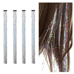Glitzer Haarsträhnen zum Einklipsen Silber Lametta für Haare 48 cm Tinsel Hair Clip Extensions Glitter Glitzersträhnen Haarverlängerung Haarlametta Haarextension (Clip-Silber) von Hongma