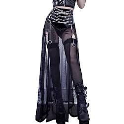 Damen Sexy Gothic Mesh Sehen Sie durch unregelmäßige hohe Taille Hohe Split Dunkelheit Kette Gürtel Maxi Rock von Hongsuny