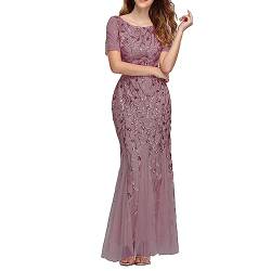 Hongsuny Damen Elegante Illusion Pailletten Stickerei Meerjungfrau Kurzarm Abend Party Maxi Kleider von Hongsuny