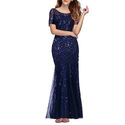 Hongsuny Damen Elegante Illusion Pailletten Stickerei Meerjungfrau Kurzarm Abend Party Maxi Kleider von Hongsuny