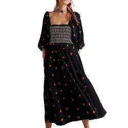 Hongsuny Damen Sommer Casual Square Neck Backless Puff Sleeve Floral Gestickte Hohe Taille Flowy Beach Boho Maxi Kleid von Hongsuny