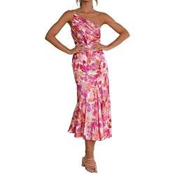 Hongsuny Damen Sommer Satin Ärmellos Eine Schulter Floral Print Meerjungfrau Saum Boho Sun Midi Kleid von Hongsuny