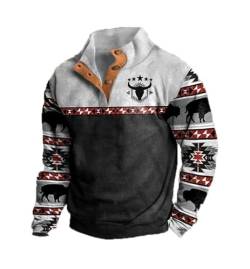 Herren Stierkopf Bedruckte Langarm Polo Sweatshirts 1/4 Knopf Oben Stehkragen Vintage Top Jacke Mantel Sweatshirts von HongwenStore