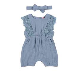 Hongyuangl Sommer Strampler Shorts, Baby Mädchen Body aus Baumwolle und Leinen Einteiler Jumpsuit Shorts + Stirnband (6-12 Monate, Grün) von Hongyuangl