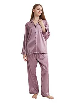 Honypove Seiden-Pyjama für Damen, langärmelig, Satin, Damen-Pyjama-Set, zweiteilig, Button-Down-Nachtwäsche, Violett, L von Honypove