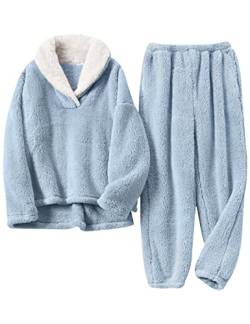 Hooever Damen Fluzzy Sherpa Fleece Pyjama Warm Pullover Revers Nachtwäsche Sets, Blau, M von Hooever