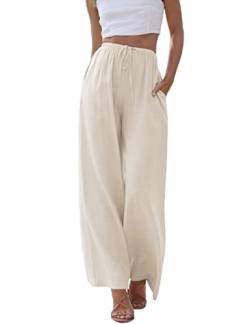 Hooever Damen Wide Leg Baumwolle Leinen Hosen Hohe Taille Verstellbare Krawatte Knoten Lounge Hose, aprikose, Groß von Hooever