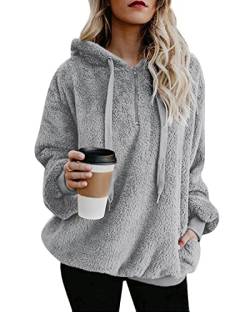 Damen Pullover Teddy Hoodie Warm Teddy-Fleece Kapuzenpullover Oversize Sweatshirt Langarm Lose Winter Pulli Tops Oberteile mit Tasche (Hellgrau, XXL) von Hormtaer