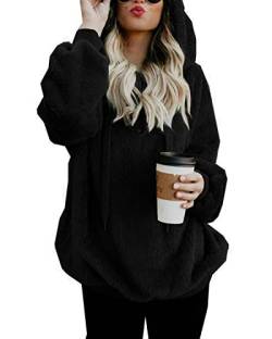 Damen Pullover Teddy Hoodie Warm Teddy-Fleece Kapuzenpullover Oversize Sweatshirt Langarm Lose Winter Pulli Tops Oberteile mit Tasche (Schwarz, XXL) von Hormtaer