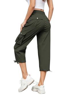 Hose Damen 3/4 Sommer Casual Cargohose Caprihose Jogginghose Comfy Stretch Leichte Outdoor Sport Reise Wanderhose Mit 6 Taschen (Armeegrün, S) von Hormtaer