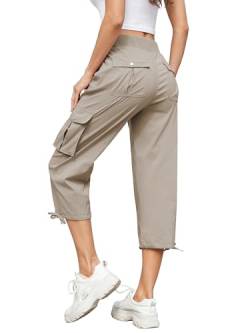 Hose Damen 3/4 Sommer Casual Cargohose Caprihose Jogginghose Comfy Stretch Leichte Outdoor Sport Reise Wanderhose Mit 6 Taschen (Khaki, M) von Hormtaer