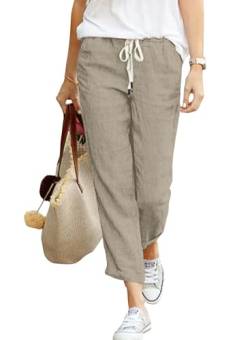 Hose Damen Leinen Sommerhose 7/8 Casual Leichte Baumwolle Leinenhose Stoffhose Bequeme Luftige Freizeithose Strandhose Mit Taschen (Khaki, XL) von Hormtaer