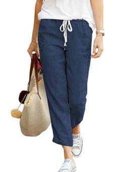 Hose Damen Leinen Sommerhose 7/8 Casual Leichte Baumwolle Leinenhose Stoffhose Bequeme Luftige Freizeithose Strandhose Mit Taschen (Navy Blau, L) von Hormtaer