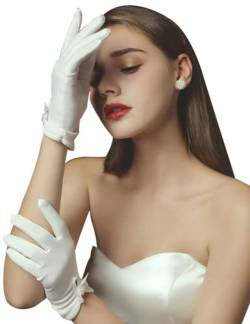 Hoseirty Damen Kurze Satin Handschuhe Hochzeit Handschuhe für Braut Handgelenk Länge Opera Party Dehnbare Handschuhe, Ivory 03 von Hoseirty