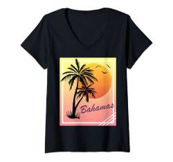 Damen Bahamas Retro Vintage Sonnenuntergang T-Shirt mit V-Ausschnitt von Hot Tropical Summer Sunset Retro Beach Designs