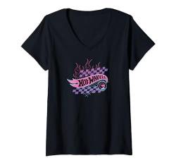 Damen Hot Wheels – Flaming Logo mit kariertem Hintergrund T-Shirt mit V-Ausschnitt von Hot Wheels