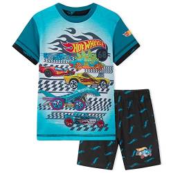 Hot Wheels Schlafanzug Jungen Kurz Kinder Pyjama Set aus Baumwolle Trendige Schlafanzüge für Jungen Kurzarm Shorty Kurzer Schlafanzug Truck Motiv 3-8 Jahre (Blau/Schwarz, 3-4 Jahre) von Hot Wheels