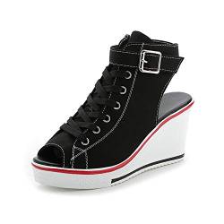 Women's Canvas Casual Shoes Dating Platform Slip-On High Top Sneakers Rubber Sole Wedge High Top Fashion Sneakers, Black/ 7 von Hotcham