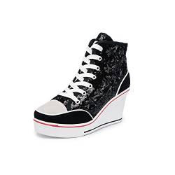 Women's Canvas Casual Shoes Dating Platform Slip-On High Top Sneakers Rubber Sole Wedge High Top Fashion Sneakers, Black/ 9 von Hotcham