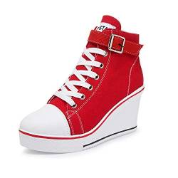 Women's Canvas Casual Shoes Dating Platform Slip-On High Top Sneakers Rubber Sole Wedge High Top Fashion Sneakers, Red/ 5.5 von Hotcham