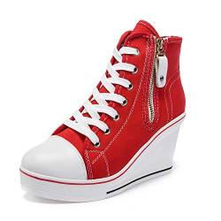 Women's Canvas Casual Shoes Dating Platform Slip-On High Top Sneakers Rubber Sole Wedge High Top Fashion Sneakers, Red/ 9 von Hotcham