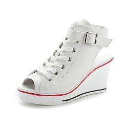 Women's Canvas Casual Shoes Dating Platform Slip-On High Top Sneakers Rubber Sole Wedge High Top Fashion Sneakers, White/ 8 von Hotcham