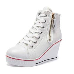 Women's Canvas Casual Shoes Dating Platform Slip-On High Top Sneakers Rubber Sole Wedge High Top Fashion Sneakers, White/ 9 von Hotcham