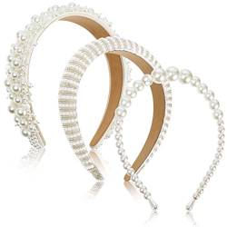3 Stück Kunstperlen-Stirnband, weiße Perlen-Haarbänder, gepolstert, dickes Braut-Stirnband, Perlen-Stirnband, Braut-Haarreifen, breite Hochzeit, Kopfbedeckung, Haarschmuck für Frauen und Mädchen von Hoteam