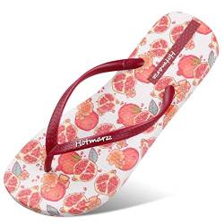 Hotmarzz Damen Zehentrenner Süßes Blumen Obst Muster Sandalen Schwimmbad Mädchen Flache Folien Flip Flops Größe 41 EU, Granatäpfel, Wein Rot von Hotmarzz