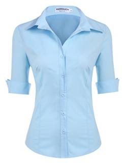 Hotouch Bluse Damen Kurzarm Slim Fit Hemd mit V-Ausschnitt Basic Shirt Button Down Casual Tops Oberteile Seeblau XXL von Hotouch