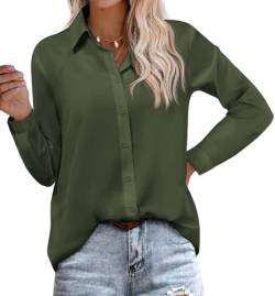 Hotouch Bluse Damen Tuniken Hemdbluse für Damen Hemdjacke Hemd Blusen Hemden Langarmshirt Baumwolle Tunika Elegante Musselin Oversized Longbluse Oberteile V-Ausschnitt Basic Tops Dunkelgrün M von Hotouch