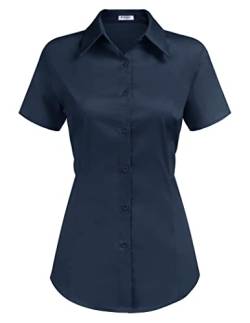 Hotouch Bluse Damen elegant Oberteile Kurzarm Tops mit Brusttaschen V-Ausschnitt Tunika Blusen Damen Sommer Blusenshirt Lässige Hemdbluse Arbeit Hemd Einfarbiger Büroblusen Dunkelbau XXL von Hotouch