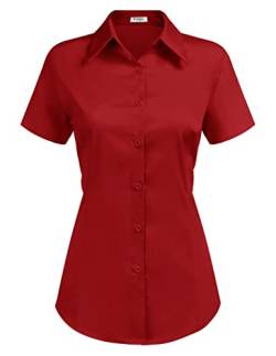 Hotouch Blusen Damen Bluse Oberteile elegant mit Reverskragen V-Ausschnitt Hemdbluse Kurzarm Blusenshirt Locker Jeanshemd Hemd Einfarbiger Tops im Sommer Rot l von Hotouch