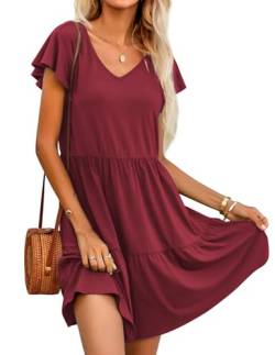 Hotouch Damen A-Linie Kleid V Ausschnitt Einfarbig Kleid Elegant Sommerkleider Kurzarm Freizeitkleid Rüschen Knielang Gestuftes Kleider mit Taschen Rotwein S von Hotouch