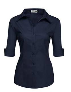 Hotouch Damen Bluse Elegant Button Down Bluse Slim Fit Schicke Hemden V-Ausschnitt Kurzshirt mit Knopfleiste Navyblau XL von Hotouch