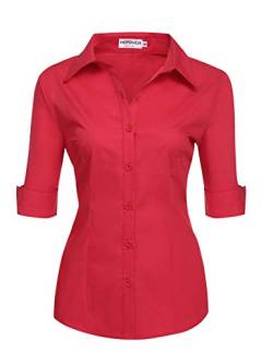 Hotouch Damen Bluse Elegant Button Down Bluse Slim Fit Schicke Hemden V-Ausschnitt Kurzshirt mit Knopfleiste Rot XS von Hotouch
