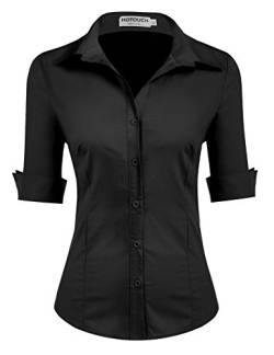 Hotouch Damen Bluse Elegant Button Down Shirt Slim Fit Schicke Hemden V-Ausschnitt Kurzshirt mit Knopfleiste Schwarz XL von Hotouch