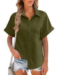 Hotouch Damen Bluse Elegant Kurzarm Hemdbluse Lose Blusenshirt V-Ausschnitt Modern Arbeit Oberteile Mit Knöpfen Hemd Büro Blusen Einfarbig Top Grün XL von Hotouch