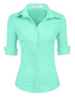 Hotouch Damen Bluse Slim Fit Basic Shirt V-Ausschnitt Frauen Hemdbluse Tops Knopfleiste Oberteile Baumwolle Sommer Eisgrün XL von Hotouch