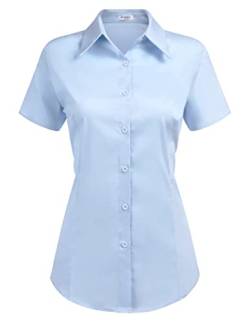 Hotouch Damen Bluse Sommer Elegant Shirt Dreiviertelarm Knopfleiste Hemd mit V-Ausschnitt Slim Fit Wickelbluse Oberteile Hellblau M von Hotouch