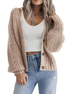 Hotouch Damen Cardigan Einfarbig Langarm Strickjacken mit Knopf V-Ausschnitt Kurz Jacke Frühling Herbst Schulterjacke Top Khaki S von Hotouch