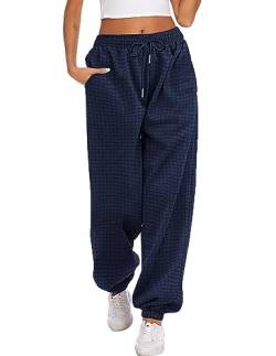 Hotouch Damen Jogginghose Lang Joggerhose mit hoher Taille Sweatpants Kordelzug Waffle Muster Trainingshose Navy Blau S von Hotouch