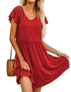 Hotouch Damen Kleider Sommer Sommerkleider Knielang Kurzarm Freizeitkleid Schicke Elegant Shirtkleider mit Taschen Rot L von Hotouch