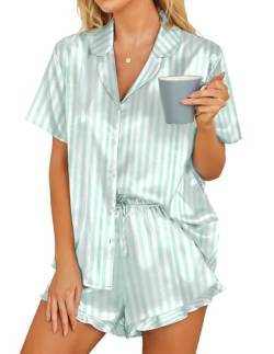 Hotouch Damen Schlafanzug Kurz Sommer Satin Pyjama Set Kurzarm Loungewear Sleepwear, Streifen Grün L von Hotouch