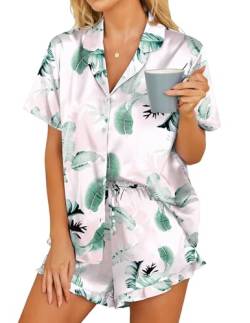 Hotouch Damen Schlafanzug Kurz Sommer Satin Pyjama Set Kurzarm Sleepwear, Blatt L von Hotouch